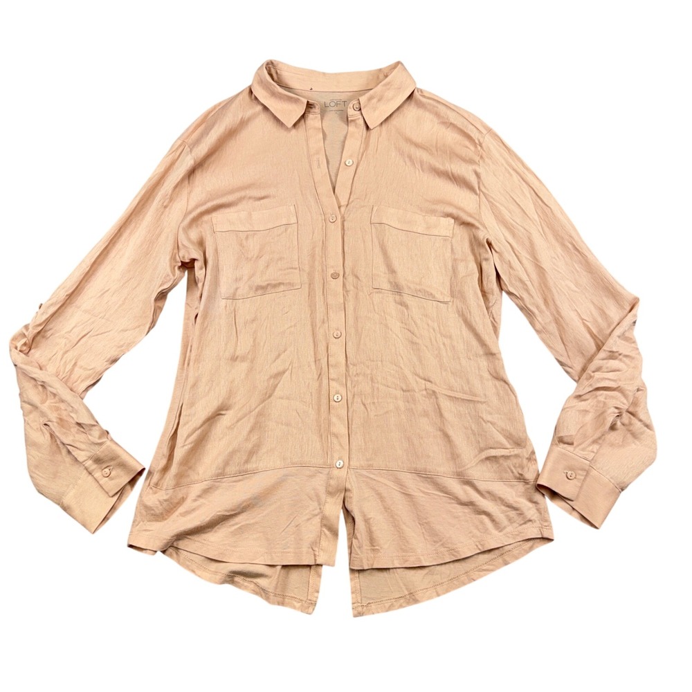 Ann Taylor LOFT Peach‎ Button Down Shirt Roll Tab Sleeve Split Back Womens Large